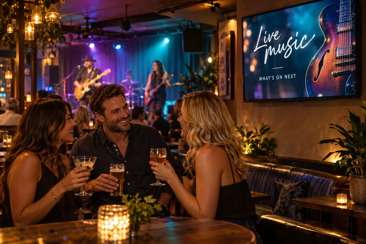 Illustrative social evening with live music and event promotion on TV