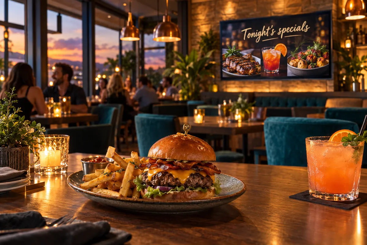 Illustrative food and drink specials beside a venue TV