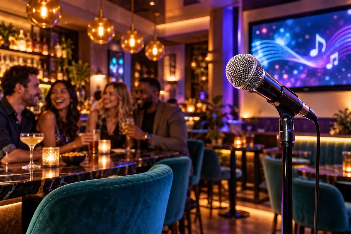Illustrative microphone and friends enjoying an evening in a bar