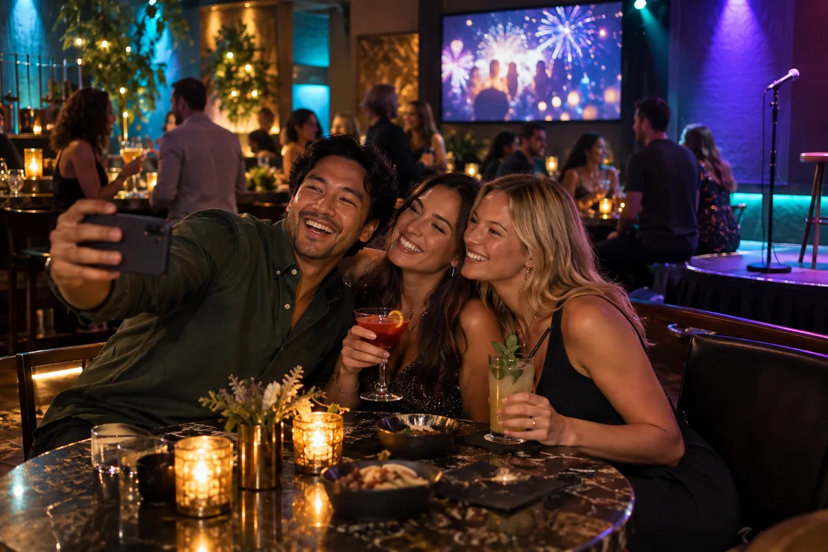 Illustrative scene of friends taking a selfie in a welcoming bar