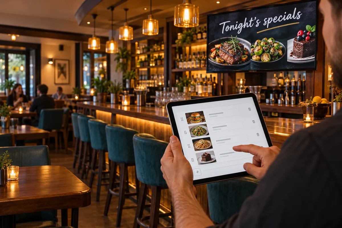 Illustrative tablet menu update with venue TV in the background