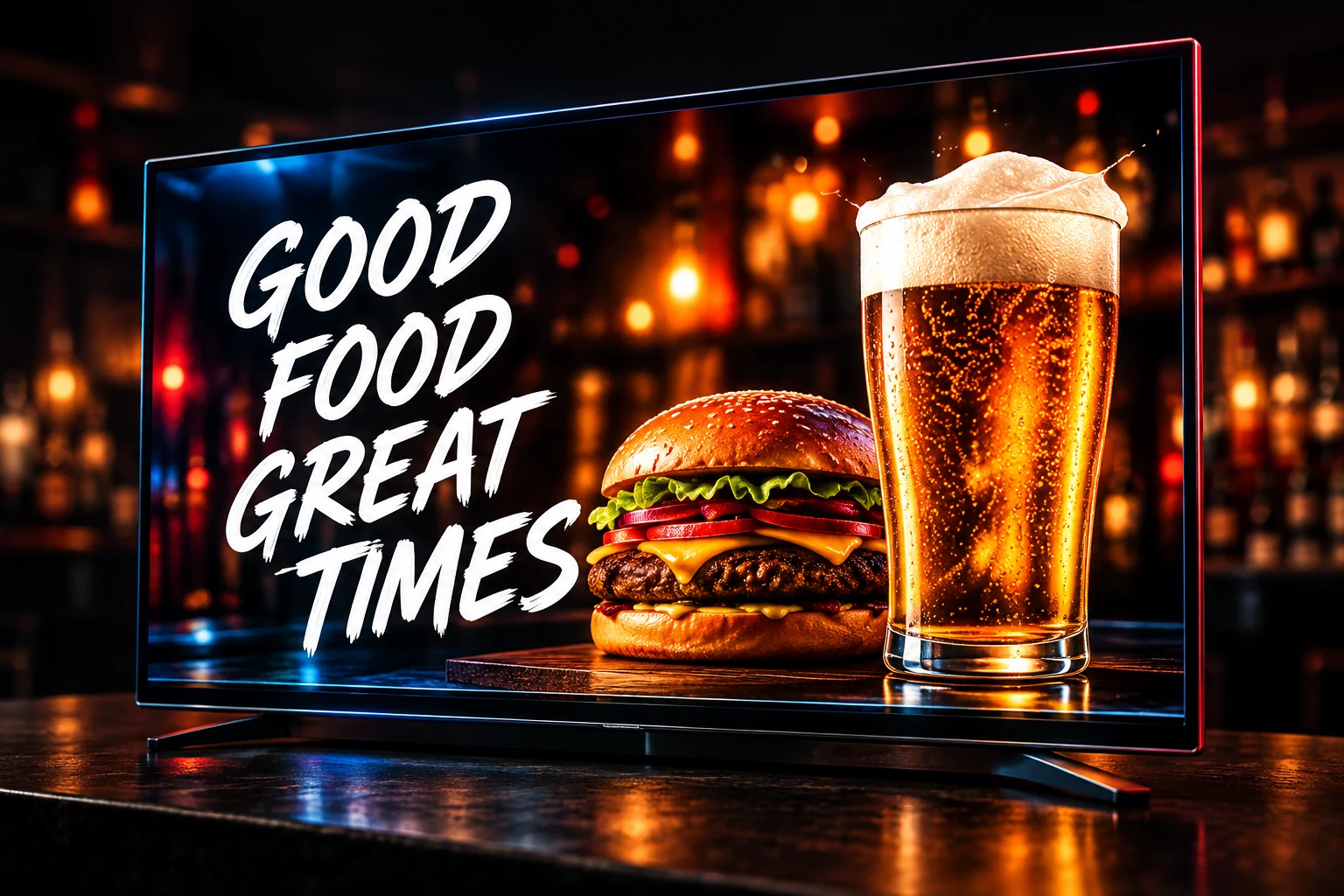 Illustrative close-up of a bar TV displaying a burger and drink promotion