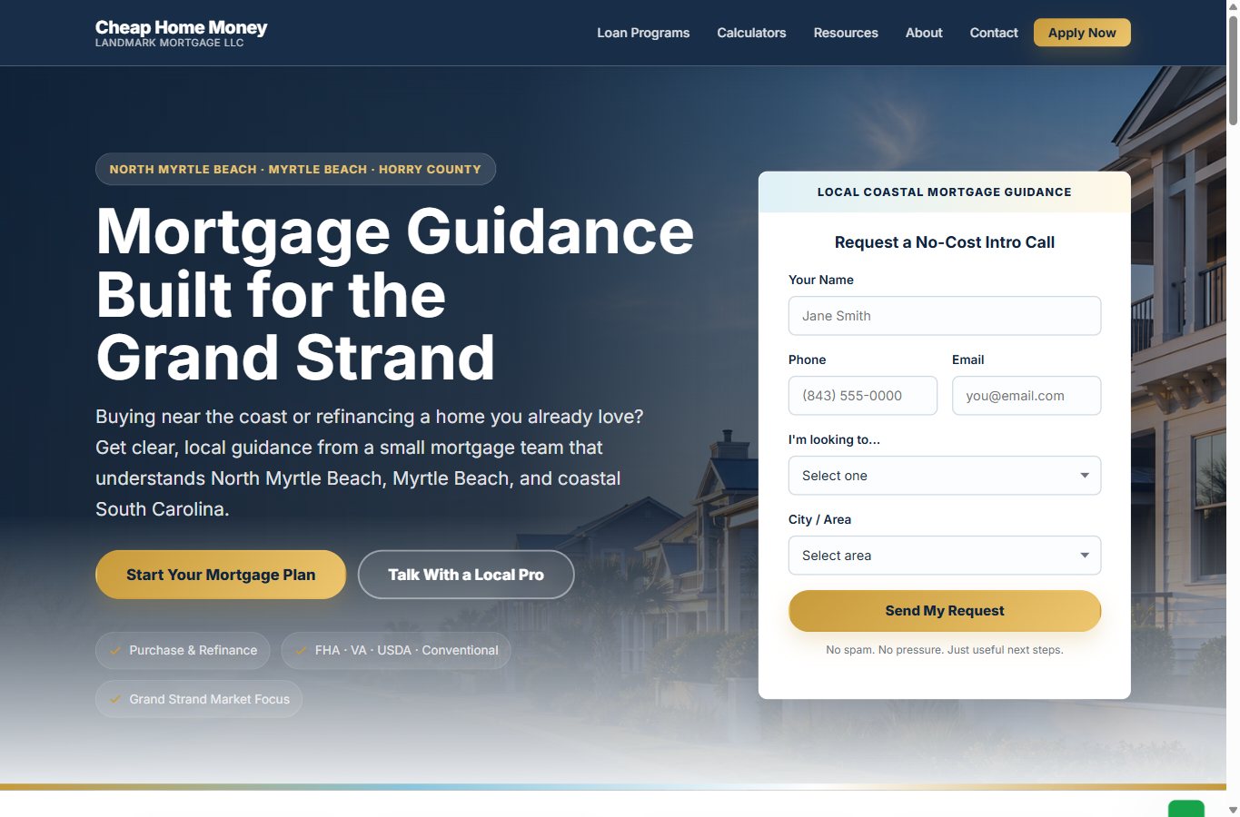 Screenshot of the Cheap Home Money website demo by Fred's Web