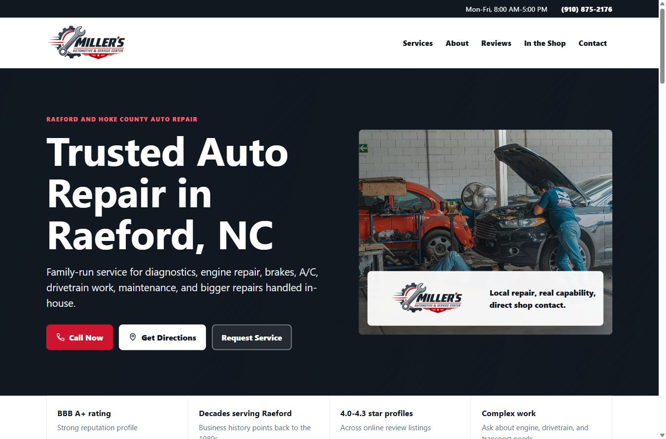 Screenshot of the Miller's Auto website demo by Fred's Web